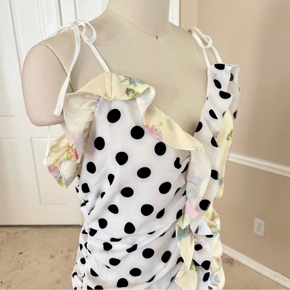 SBetro Ruffle Trim Ruched Polka Dot & Floral Dress - Picture 4 of 4